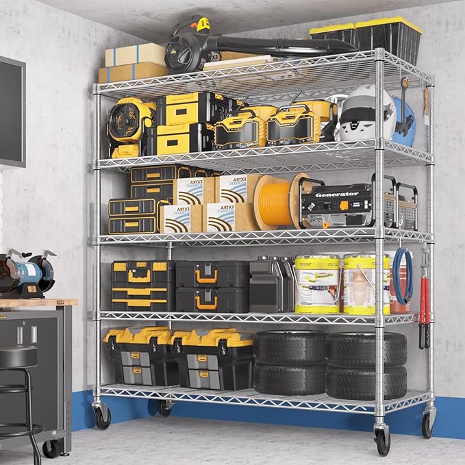 PrimeZone 5 Tier 48" Wx24''Dx81''H Wire Shelving with Wheels 3000lbs NSF Certified Storage Shelves Heavy Duty Metal Shelf Adjustable Rolling Rack Commercial Garage Restaurant Warehouse Chrome 4Pack
