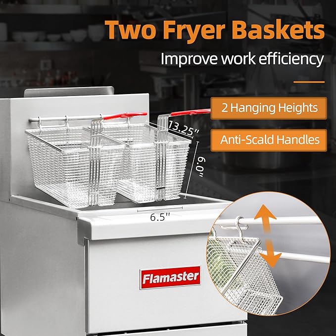 Commercial Deep Fryer with 2 Baskets, 90000 BTU Natural Gas Fryer - CSA Certified, 200°F-400°F 3 Tubes, Stainless Steel Floor Fryer for Restaurants, Fast Food, Food Trucks