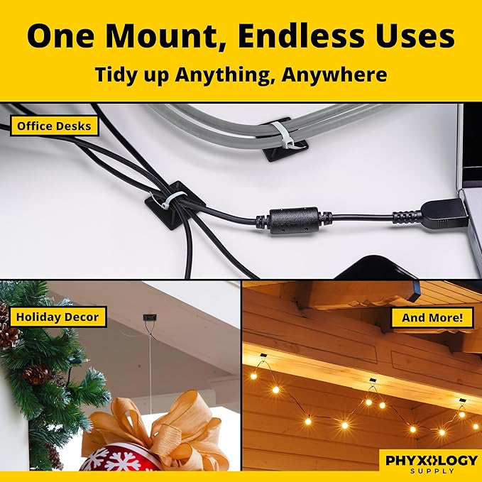 Zip Tie Adhesive-Backed Mounts 100Pk. Professional-Grade, UV Black Cable Tie Bases, 1.1 x 1.1. Screw-Hole Anchor Point Provides Optimal Strength for Long-Term Durability & Use and Clutter-Free Cables.