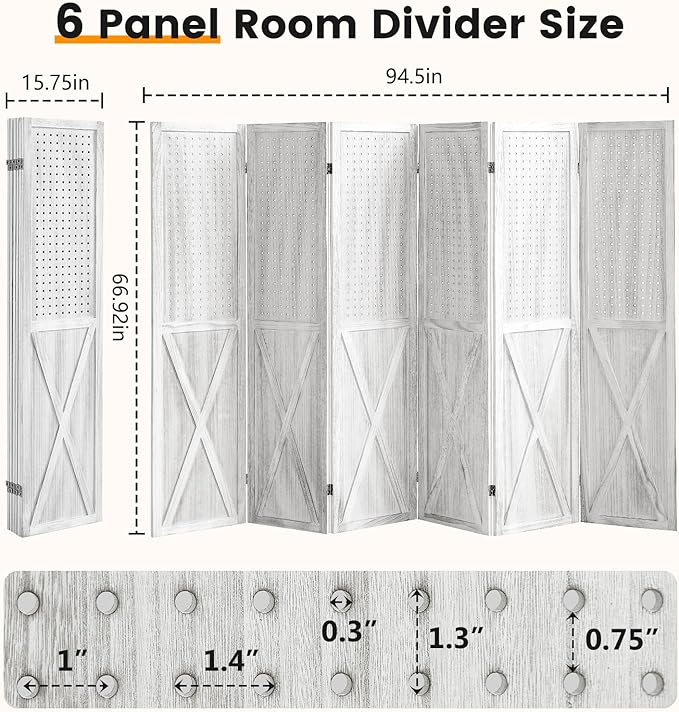 6 Panel Pegboard Room Divider, 5.6Ft Pegboard Display Folding Privacy Screens, Wood Room Divider Peg Board Display Freestanding for Trade Show Craft Show Home Wall Organizer, Retro White