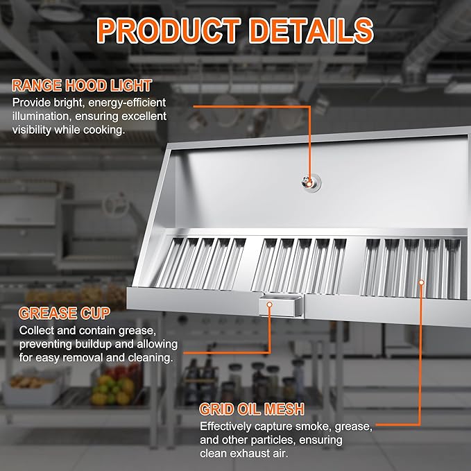 Commercial Exhaust Hood 6 FT Stainless Steel Concession Trailer Hood with 3 Removable Hood Filters(No Motor), Grease Cup and Hood Light, Rust Resistant Vent Hood for Commercial Kitchen, NSF Listed