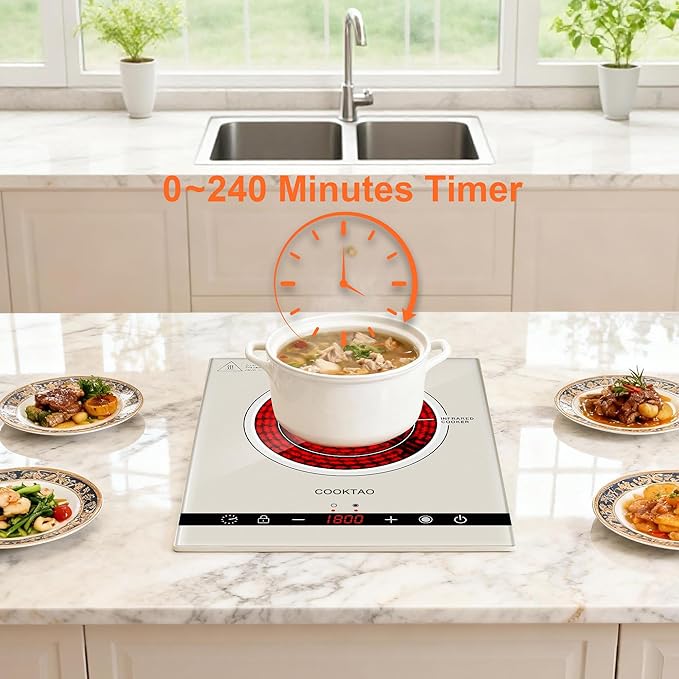 Dual Coils Design of Single Burner Electric Cooktop, 1800W Infrared Ceramic Hot Plate for Cooking, Portable Countertop or Built-in Radiant Stove Top Cooker, Compatible with All Cookware