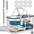 Gen 1 Large-Capacity Spin Mop and Bucket – for Big Homes & Deep Cleaning Days,4-Chamber System Separates Dirty & Clean Water, 2-GAL Heavy-Duty Design with Wheels & 8 Refill Mop Heads - White/Blue