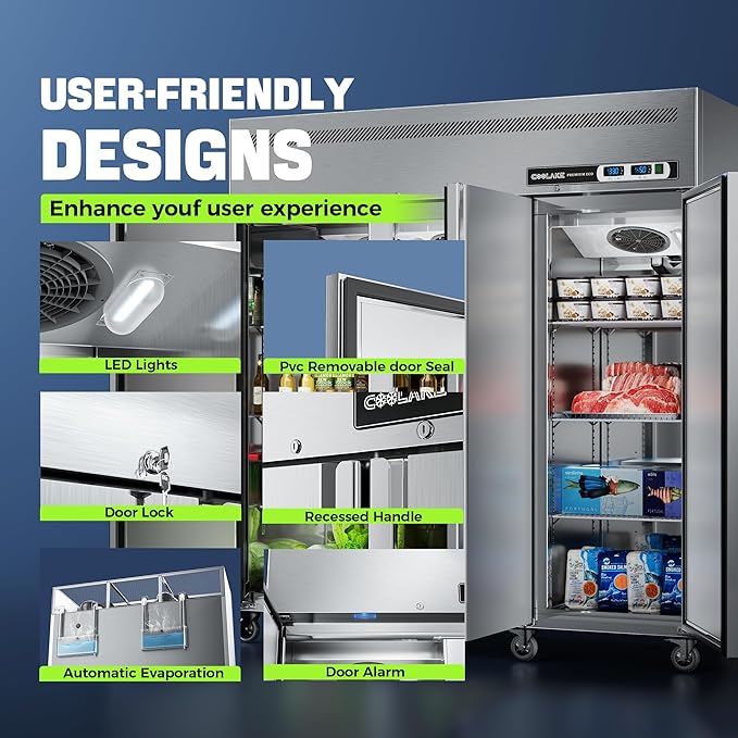 Coolake 72" W 3 Door Commercial Refrigerator and Freezer Combo, 54 Cu.ft 3 Section Stainless Steel Solid Door Fan Cooling Upright Reach in Freezer for Restaurant, Bar, Shop, Garag