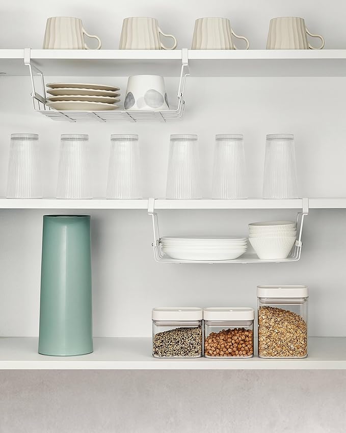 Under Shelf Basket, 4 Pack Under Cabinet Shelf Basket Organizer, Hanging Wire Storage Baskets, Slide-in, Add-on Space Saving for Kitchen Pantry Desk Bookshelf Laundry Room, White