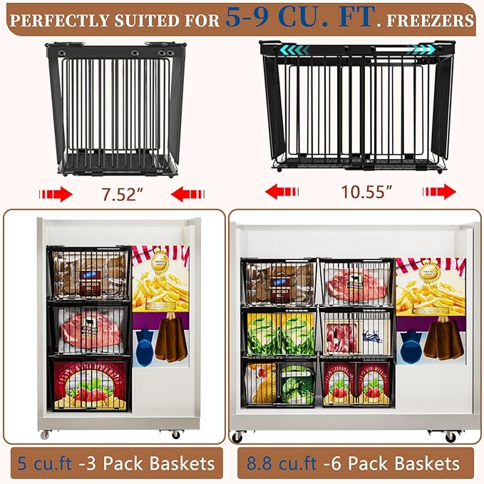 Large Freezer Organizer Bins，Upgraded Bottom Leak-Proof net，Fit 5 to 9 Cu Ft Chest Freezer，5 Pack， Expandable Stackable Chest Freezer Containers with Handle (Black-5P)