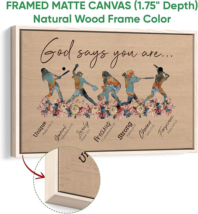 God Says You Are Gifts For Softball Girls Women Fan Vintage Floral Sports Gifts For Girl Poster & Framed Canvas, Wall Art Home Office Decoration Living Room Bedroom Aesthetic Decor