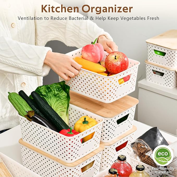8 Pack Plastic Storage Bins with Bamboo Lids - Stackable Storage Baskets with Handle for Pantry Organizer and Storage, Plastic Containers Bins Lidded Storage Bins for Classroom Office Shelves