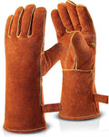 OZERO 932°F Heat Resistant Welding Gloves: 14 inches Cowhide Leather Long Sleeve and Insulated Lining Grill Glove - for Tig Mig Welder Forge Stove Oven Baking Fireplace Barbecue Grilling, Brown