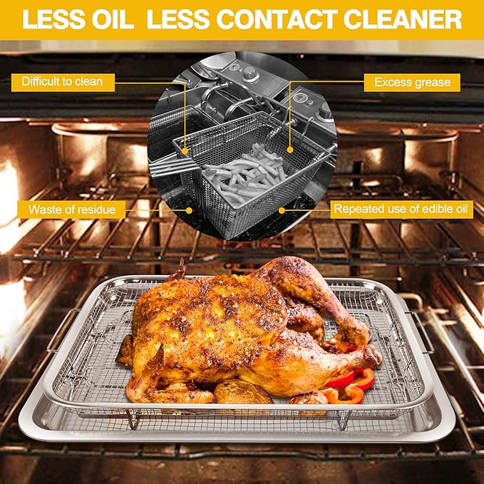 Air Fryer Basket for Oven 15 x 11 Inch Stainless Steel, Air Fryer Accessories Oven Rack and Crisper Tray, Bacon Cooker Broiler pan for oven, Bakeware Sets Oven Rack-2 Piece Large