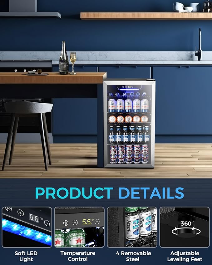 Mini Fridge 130 Can Beverage Refrigerator Cooler, 3.1 Cu.Ft Drink Fridge Silver Glass Door for Soda Wine Beer, Digital Temperature Control Cooler for Home,Bar