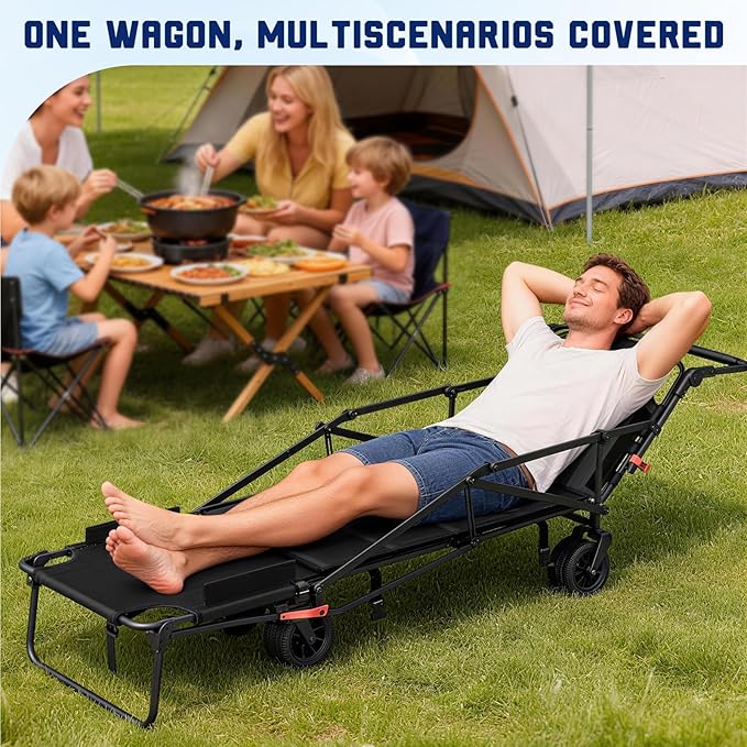 LEVELEVE Heavy Duty Folding Wagon - 2-in-1 Collapsible Cart, 650lb Capacity, All-Terrain Wheels w/Brakes & Side Pockets (Black)