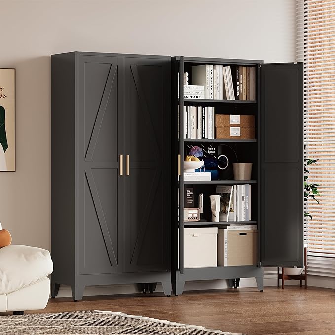 71" Tall Pantry Cabinet, White Metal Pantry Storage Cabinet, Kitchen Pantry Storage Cabinets with 2 Door and 4 Adjustable Shelves (Black, 71" H)