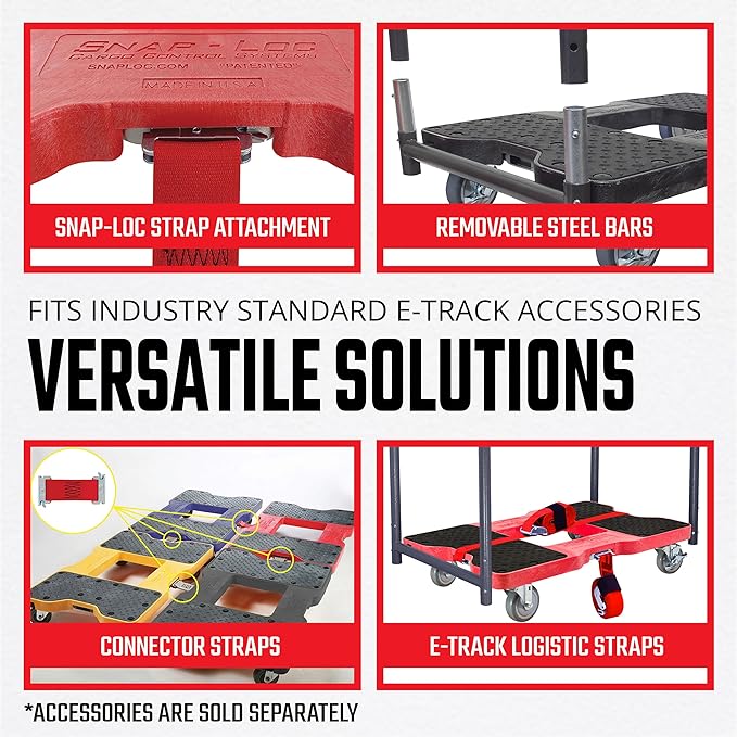 SNAP-LOC, Heavy Duty Push Cart Moving Dolly 4 Wheels, 1,500 lb with Push Bars, 4 Inch Casters, Dollies for Moving Cargo, E Strap Attachment Included, Red