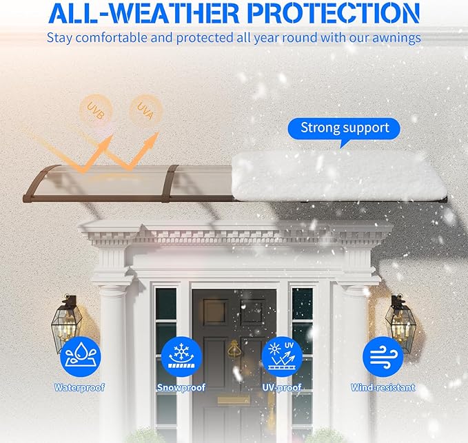 Awning for Door Entrance with Drainage Sink,32x80 Inch Awnings for Doors,Window Canopy Exterior with Plastic Steel Bracket,Polycarbonate Cover,UV,Rain,Snow Protection for House,Porch,Patio,Deck