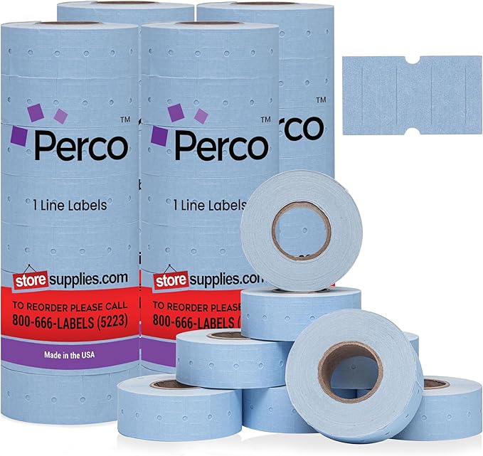 Perco 1 Line Blue Labels - 32 Rolls, 4 Sleeves, 32,000 Blank Price and Date Gun Labels for Perco Lite, X, Plus and Pro 1 Line Price and Date Guns - Made in USA