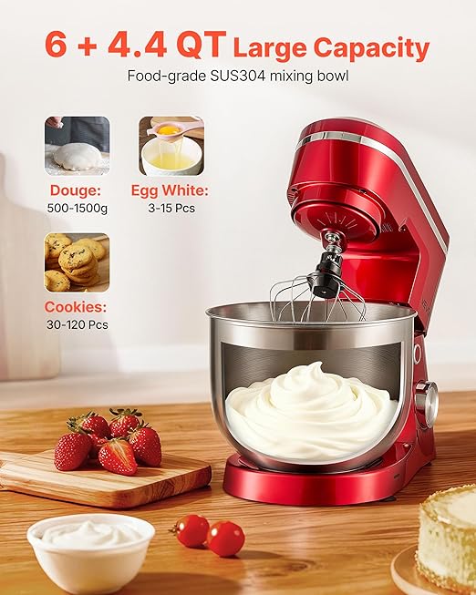 VEVOR Stand Mixer, 6 QT Electric Kitchen Mixer, 300W Dough-Mixer, 10 Speeds Tilt-head Food-Mixer with Stainless Steel Bowl, Dough Hook, Whisk, Beater, for Baking, Mixing, Whipping & Kneading, Red