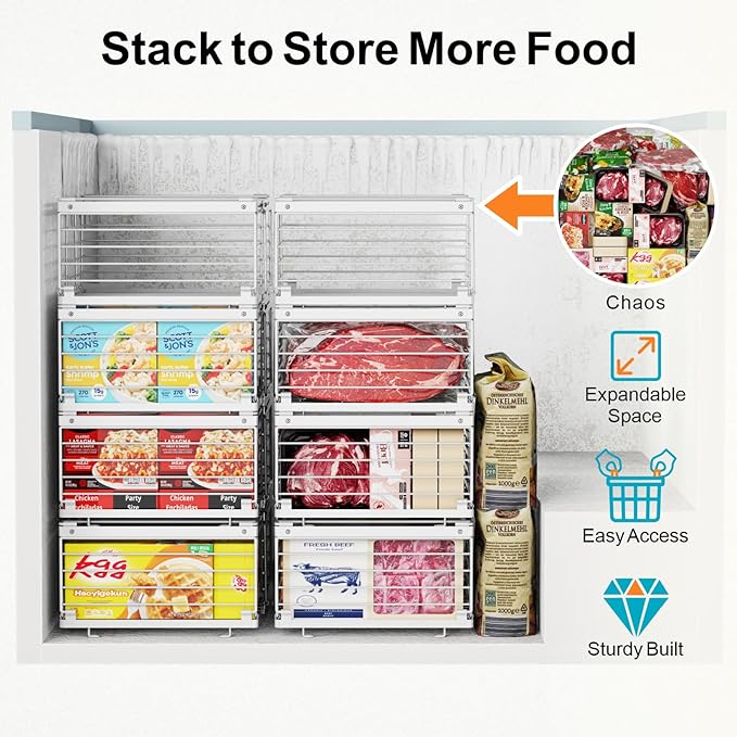 iSPECLE 8 Pack Freezer Organizer Bins, Adjustable Wire Baskets for 10 to 20 Cu.Ft Chest Freezer, Stackable Storage with Handles, Deep Freeze Organizer for Meat & Vegetables, White
