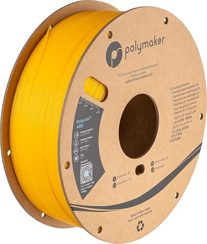 Polymaker ABS Filament 1.75mm Yellow, 1kg 3D Printing Filament, PolyLite ABS 3D Printer Filament, Heat Resistant, Strong & Durable, Dimensional Accuracy +/- 0.03mm