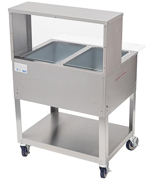Kratos Commercial Mobile Electric Steam Table/Hot Food Table with Overshelf and Sneeze Guard, 2 Wells, Stainless Steel, NSF, 120V (28W-201)