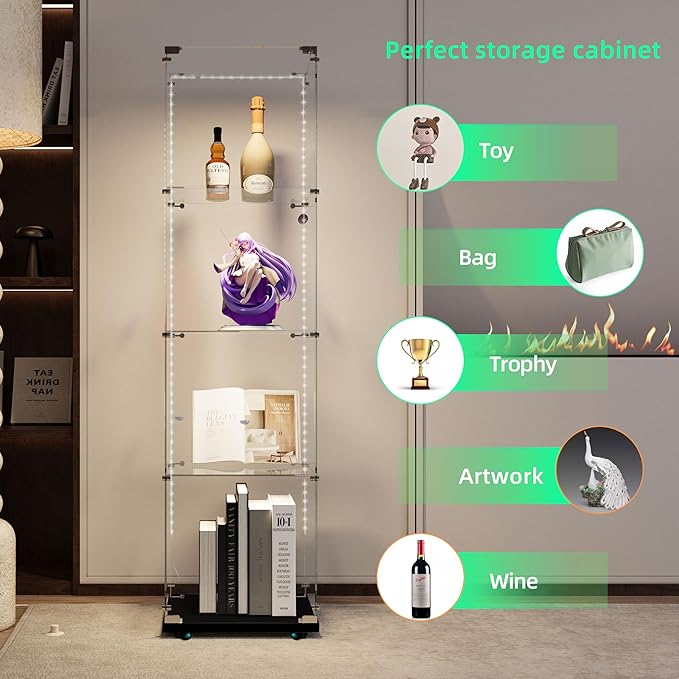 Glass Display Cabinet with LED Light Strip, 4 Shelves with 1 Door, Glass Top Curio Storage Cabinets with Lock & Caster for Living Room, Floor Standing Bookshelf, Quick Installation - Black