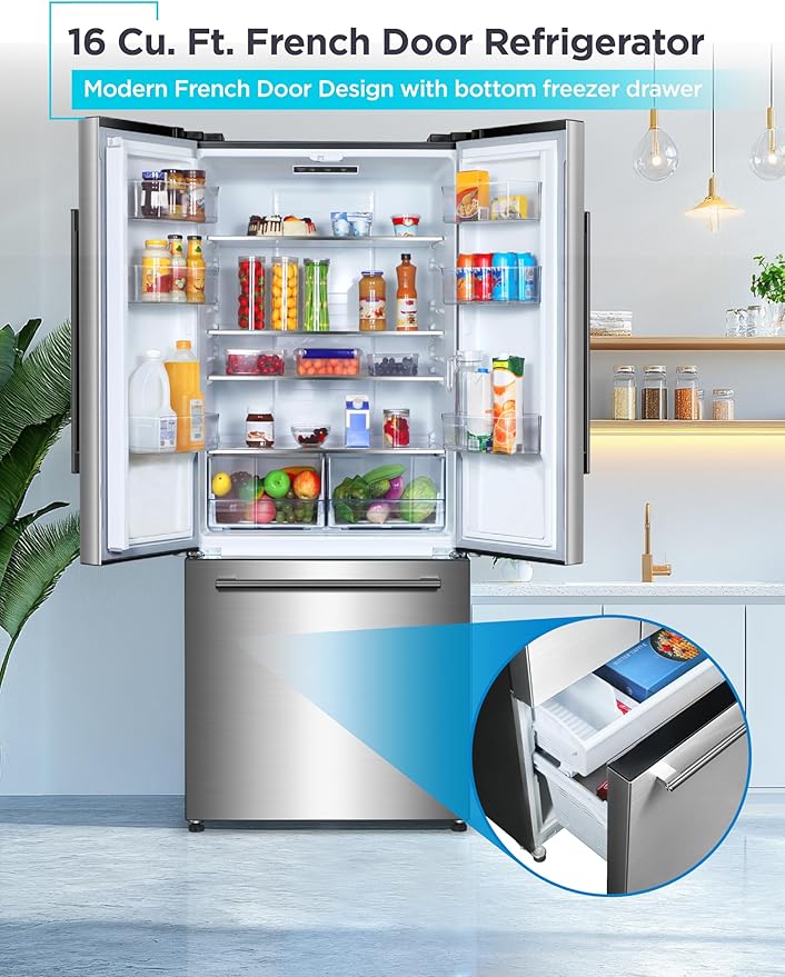 BLACK+DECKER 16 Cu. Ft. French Door Refrigerator with Built-in Ice Maker, Full Size Refrigerator with Bottom Mount Freezer Drawer, Frost Free, ENERGY STAR certified, BRF1600GIMS, Stainless Look
