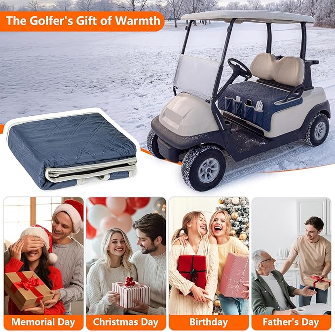 Heated Golf Cart Seat Covers, Golf Cart Heater USB, USB Interface Power Supply, Universal 2-Person Winter Seat Cover, 3-Level Heating for Yamaha EZGO Club Car, Golf Cart Seat Covers, Navy Blue