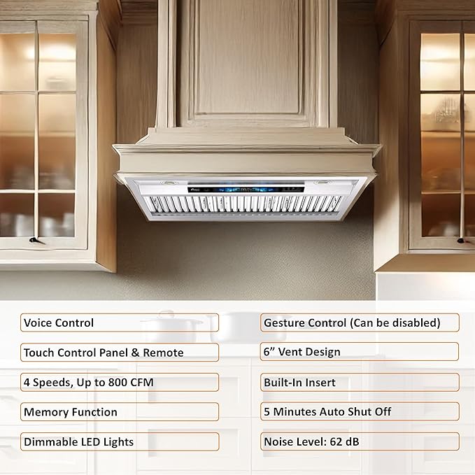 Awoco Range Hood Insert 36 Inch, Built-in Kitchen Hood with 800 CFM, Voice/Gesture/Touch Control, Stainless Steel Stove Hood with 4 Speed Exhaust Fan, Ducted, Ductless Convertible, Charcoal Filter