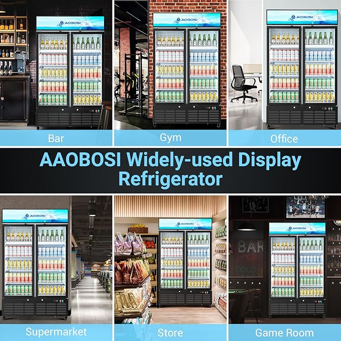 AAOBOSI 44”Commercial Merchandiser Refrigerator,27.02 Cu.Ft Glass Door Display Refrigerator,Upright Beverage Fridge with Soft LED Light,Customizable Lightbox,Universal Casters,Adjustable Shelves