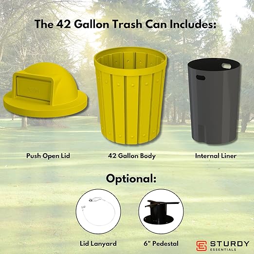 Campus Collection 42 Gallon Slatted Round Heavy-Duty Commercial Outdoor and Indoor Trash Can with Push Open Dome Lid and Internal Liner | Great for Schools and Businesses - Yellow