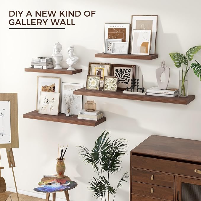 Floating Shelves for Wall 36"W x 7.8"D x 1.5"H, Engineered Wood Wall Shelves with Invisible Brackets for Living Room Bedroom Bathroom Office Kitchen Decor and Storage, Walnut Finish, Set of 2
