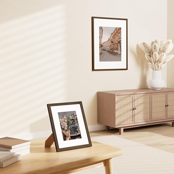 Vittanly 8x10 Picture Frame Set of 2, Solid Wood Frame for Wall or Tabletop, Display Photo 5x7 with Mat or 8x10 without Mat, Brown