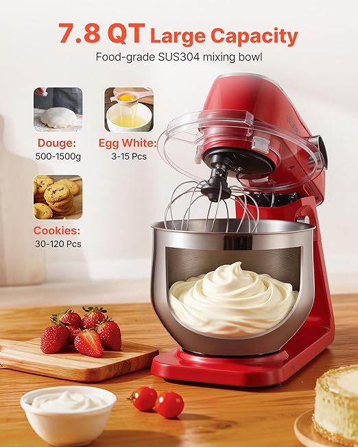 VEVOR Stand Mixer, 7.8 QT Electric Kitchen Mixer, 800W Dough-Mixer, 10 Speeds Tilt-head Food-Mixer with Stainless Steel Bowl, Dough Hook, Whisk, Beater, for Baking, Mixing, Whipping & Kneading, Red