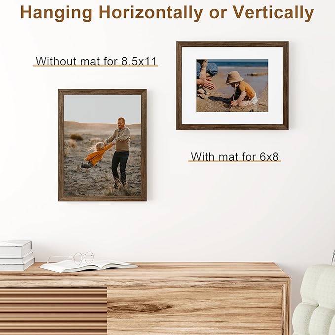 Vittanly 8.5x11 Picture Frame, Solid Wood Frame with Plexiglass, Includes 6x8 Mat, Wall Hanging or Tabletop for Photos, Home Decor, Brown, 1 Pack