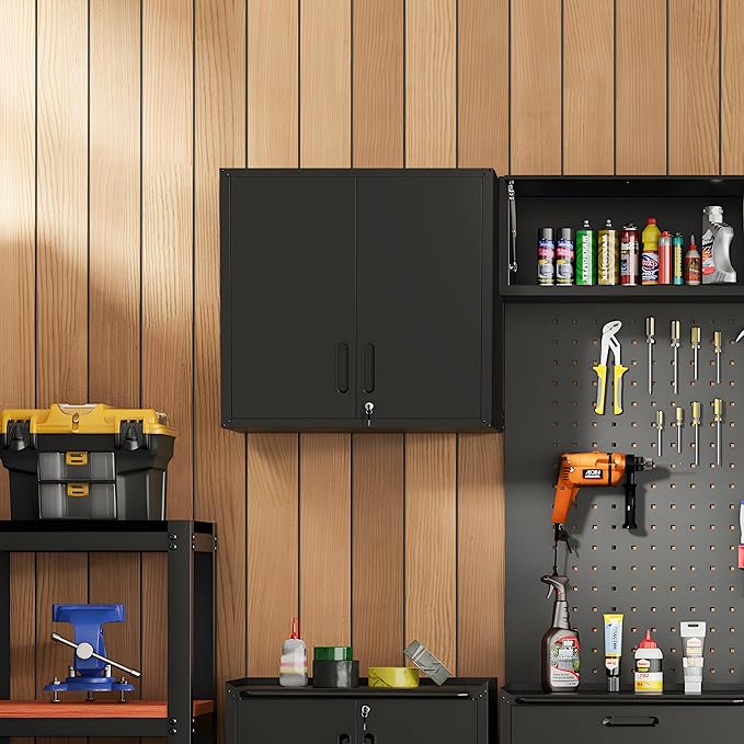 Metal Tool Cabinet,Garage Storage Cabinet System,Wall Cabinet & Locking Rolling Tool Cabinet with Doors and Adjustable Shelves,Steel Tool Cabinets for Home (2 Pcs-Wall-Style CC, Black)