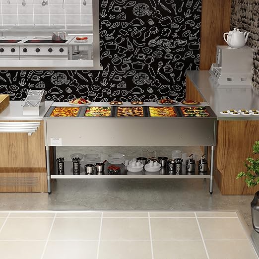 KoolMore 5-Pan Open Well Commercial Electric Stainless Steel Steam Table Food Warmer for Buffets with Undershelf, Warming Control Knobs, and Front Serving Area [240V] (KM-OWS-5), Silver