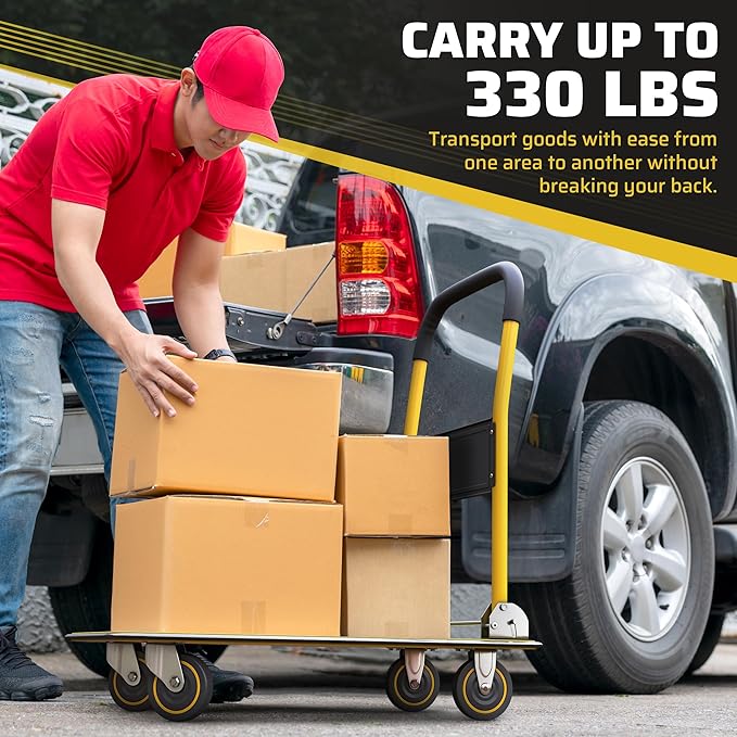 Heavy Duty Foldable Push Cart Dolly | 330 lbs. Capacity | Upgraded Collapsible Hand Truck Folding Platform with Swivel Wheels | Flat Bed Moving Wagon | Space Saving Push Handle (Yellow)
