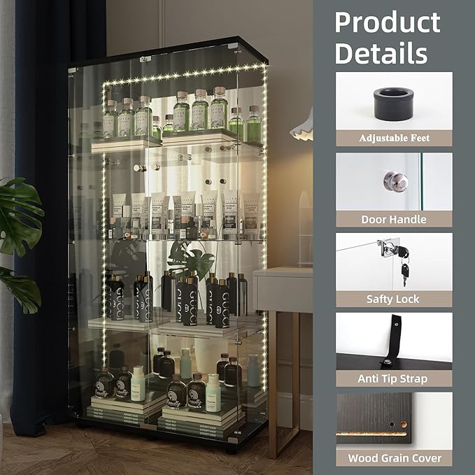 Glass Display Cabinet with LED Light Strip & Mirror Back Panel, 4 Shelves with 2 Doors, Curio Storage Cabinets with Lock for Living Room, Office, Floor Standing Glass Bookshelf - Black