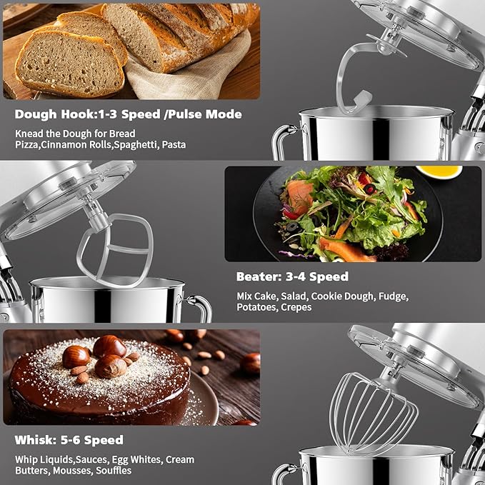 7.5 Quart Electric Mixer, 6+1 Speed 660W Tilt-Head Kitchen Food Mixers with Whisk, Dough Hook, Mixing Beater & Splash Guard for Baking, Cake, Cookie (Silver)