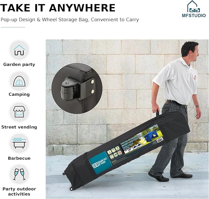 MFSTUDIO 10x10 Pop Up Canopy Tent with Removable Sidewalls, Outdoor Enclosed Instant Portable Shelter with Breathable Mesh Windows, One Person Setup, Blue
