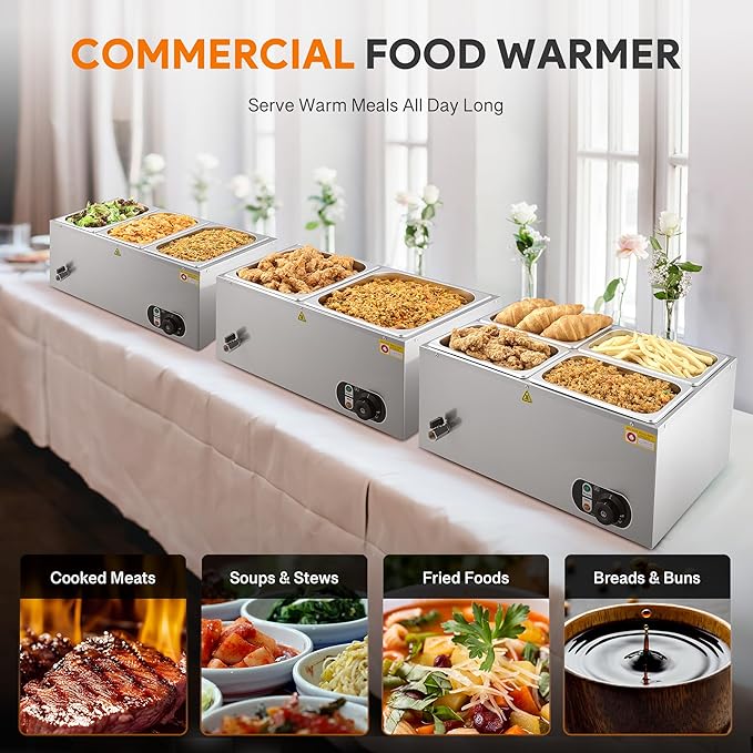 WILPREP Commercial Food Warmer with Three 1/3 Pans, 1500W Countertop Electric Warmer, 86-185°F Adjustable Temp Control & Over-Temp Protection, Stainless Steel Buffet Bain Marie