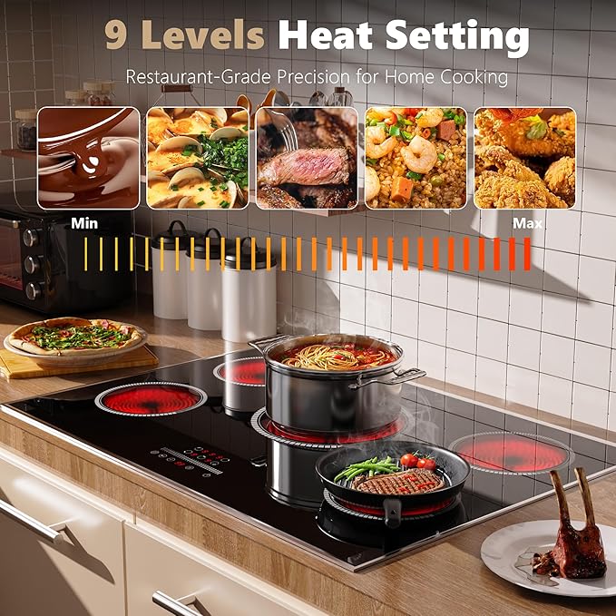 30 Inch Electric Cooktop, 5 Burner Electric Stove Top 6900W, 30" Built-In Ceramic Countertop with Metal Frame, Child Lock, Timer, Slide Control, 220-240V Hardwired (No Plug)