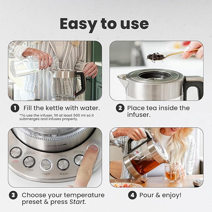 Vianté Electric Kettle With Infuser. No Plastic In Contact With Water. Hot Tea Maker With Temperature Control And Automatic Shut Off. Tea Kettle With Brewing Programs. 1.5 Liters Capacity