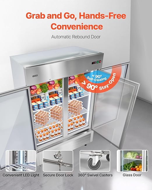VEVOR Commercial Reach-In Refrigerator 54" W, 44 Cu.Ft Stainless Steel Upright Refrigerator with Double Glass Doors, Auto-Defrost, 8 Adjustable Shelves, 32 to 50℉ Temp Control, ETL Certified
