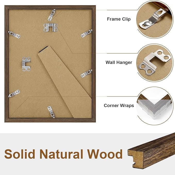 Vittanly 11x14 Picture Frame Set of 2, Solid Wood Frame for Wall Art Photo and Prints, Display Photo 8x10 with Mat or 11x14 without Mat, Brown