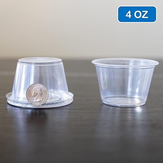 EDI [4 OZ, 100 Sets] Clear Disposable Plastic Portion Cups with Leakproof Lids for Condiment and Dipping Sauce | Jello Shot/Souffle Cups| BPA Free | Recyclable