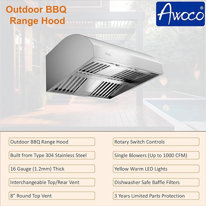 Awoco 36” Outdoor BBQ Vent Hood 17” High Type 304 Stainless Steel, 4 Speeds 1000 CFM, Adjustable LED Lights, 8” Round Top Vent with 24”H Chimney Cover