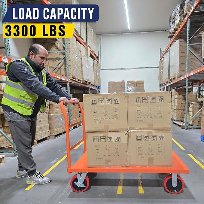 Platform Cart Industrial Dolly Cart 3300LB Heavy Duty 48” x 24” Platform Hand Truck Push Cart Super Heavy Duty Diamond Plate Commercial Flatbed Cart 8'' Moving Swivel Wheels (Orange)