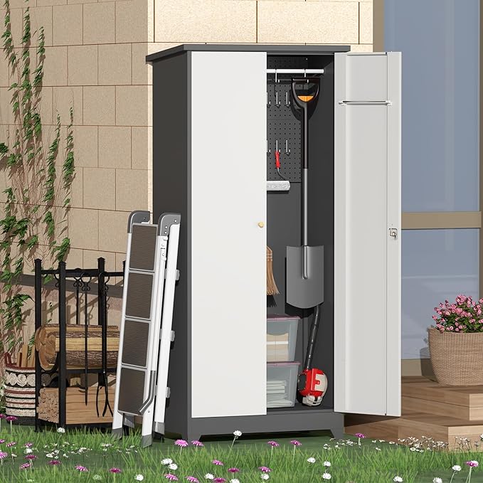 Outdoor Metal Storage Cabinet,Garden Storage Cabinet with Waterproof Coating,Waterproof Lockable Storage Cabinets for Garden,Backyard,Lawn,Dark Gray+White