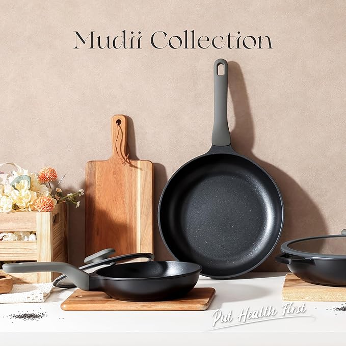 PRICUSIS 8Pcs Nonstick Frying Pan Set with Lid, 8+10+12 Inch Induction Compatible, Stay Cool Handle, Fully Coated, 100% Dishwasher Safe, PFOA Free Omelet Pans, Warp Resistant (Black Sesame)